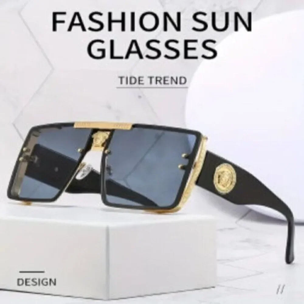 Black Sports Sunglasses Rivet Metal Frame Large Square Gold Frame